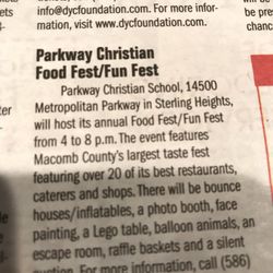 Parkway Christian School - The Food and Fun Fest is today, 5/3 4pm-8pm. Featuring over 20 restaurants, caterers and shops.