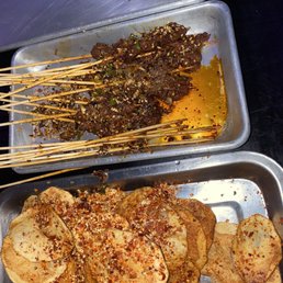 Skewers, potatoes, & eggplant