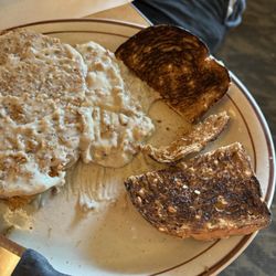 Baker's Diner - Chicken fried steak with sausage gravy? and burnt wheat toast.