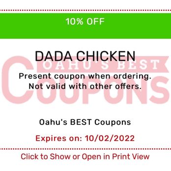 Dada Chicken - 7/2022 10% off coupon till 10/2/22 https://www.oahusbestcoupons.com/shop/dada-chicken/ - Chicken Shop Near Me - Honolulu, Hawaii Dada Chicken - 7/2022 10% off coupon till 10/2/22 https://www.oahusbestcoupons.com/shop/dada-chicken/ - Chicken Shop Near Me - Honolulu, Hawaii