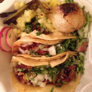 Tacos El Bronco II - Al pastor, chorizo, and carnitas tacos. With a grilled onion on top. All very yummmmmzy - Mexican Near Me - Bronx, New York Tacos El Bronco II - Al pastor, chorizo, and carnitas tacos. With a grilled onion on top. All very yummmmmzy - Mexican Near Me - Bronx, New York