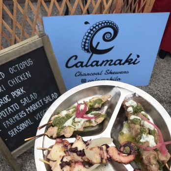 CALAMAKI - The meats! Soooo good. Clockwise from the top. Jidori Chicken w/salsa verde & yogurt, Duroc Pork same as chicken, Octopus w/olive tepenade - Food Stands Near Me - Los Angeles, California