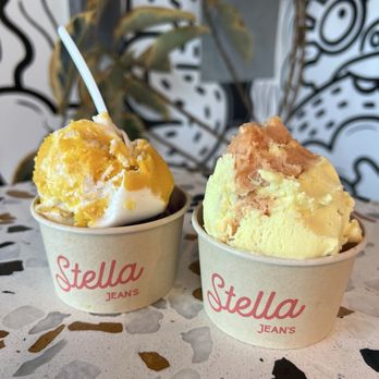Stella Jean's Ice Cream - mango sticky rice and ube pandesal toffee (left)/pog and banana turon crunch (right) - Ice Cream & Frozen Yogurt Near Me - Costa Mesa, California Stella Jean's Ice Cream - mango sticky rice and ube pandesal toffee (left)/pog and banana turon crunch (right) - Ice Cream & Frozen Yogurt Near Me - Costa Mesa, California