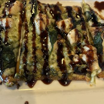 Alza Osteria - Chicken pesto flatbread with way too much balsamic - this is not how they normally serve it. - Pizza Near Me - Brea, California Alza Osteria - Chicken pesto flatbread with way too much balsamic - this is not how they normally serve it. - Pizza Near Me - Brea, California