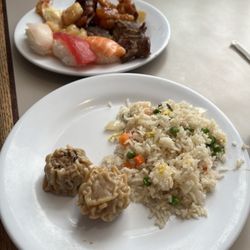 Kwando Buffet - Nigiri, skewer, pork chop, shrimp (with sauce), honey prawn, orange chicken, fried rice, dim sum