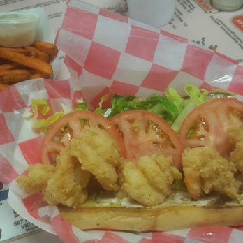 Double J Eatery - Shrimp Poyboy with Sweet potato fries. The shrimp were hot and juicy! Fries were cold. But I enjoyed the meal! - American Near Me - Victoria, Texas Double J Eatery - Shrimp Poyboy with Sweet potato fries. The shrimp were hot and juicy! Fries were cold. But I enjoyed the meal! - American Near Me - Victoria, Texas