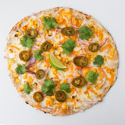 Apizza - Corn & jalapeno pizza: organic crust, mascarpone sauce, apizza cheese, corn, jalapeño, red onion, cilantro, lime $8.95