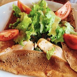 Crêperie du Phare Saint Louis - Savory crepe with chicken breast, roasted mushrooms, tomatoes, spinach and salad top with balsamic sauce