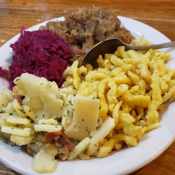Bodensee Restaurant - Haus special sample platter: spaetzle, German potato salad, red cabbage, sauerkraut - German Near Me - Helen, Georgia
