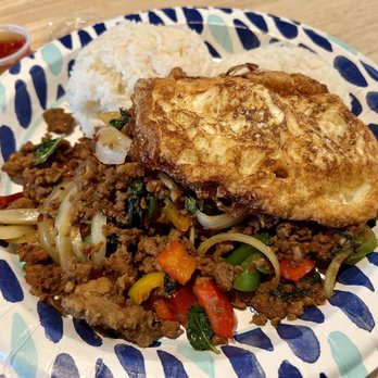 HUNGRY BOY Thai Cafe' - Spicy basil chicken with fried egg - Thai Near Me - Fountain Valley, California