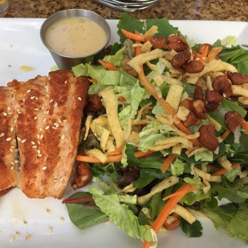 Max's Grille - Grilled Miso Glazed Salmon Salad - great greens with candies walnuts. - New American Near Me - Boca Raton, Florida