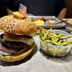 The Patriotic Pig - Fried Pickle Burger with Bacon Green Beans