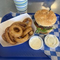 Jalapeño Pepper Jack Burger, Onion Rings w/Ranch dressing & Cherry Pepsi.