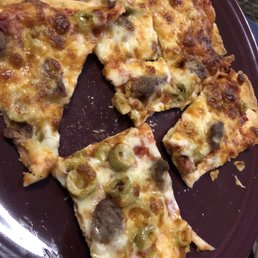 Hamburger and green olive pizza.  Thin crust