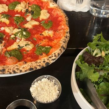Pizzicletta - salad & vegan pizza with vegan pesto and vegan ricotta. real cheese on the side for the salad. - Pizza Near Me - Flagstaff, Arizona Pizzicletta - salad & vegan pizza with vegan pesto and vegan ricotta. real cheese on the side for the salad. - Pizza Near Me - Flagstaff, Arizona