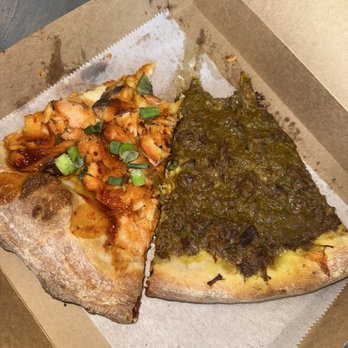 Cuts & Slices - Salmon something pizza lol on the left, which was amazing and on the right, we have the oxtail which was also amazing - Pizza Near Me - New York, New York