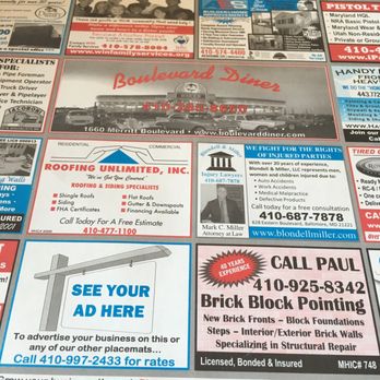 Boulevard Diner - Placemat - Diners Near Me - Dundalk, Maryland