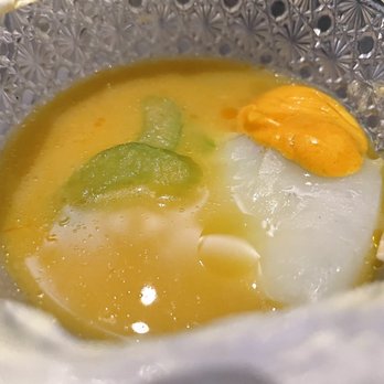 Alinea - potato starch on top with yellow cream ball,red potato cube - New American Near Me - Chicago, Illinois