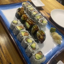 Salmon Avocado Raw Roll and Shrimp Tempura Cooked Roll