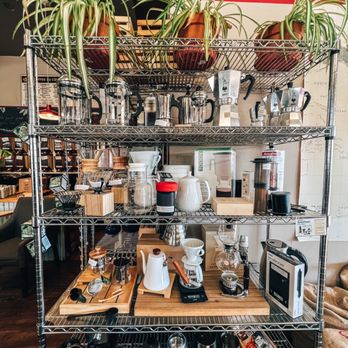 Carolines Coffee Roasters - a shelf of pots and pans - Coffee & Tea Near Me - Grass Valley, California