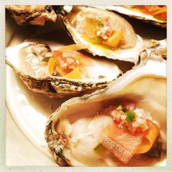 Food Minded Fellow - Katama oyster with pickled carrot and jalapeño watermelon mignonette. - Food Minded Fellow