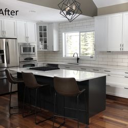 The Kitchen Cabinets Refinish Masters - AFTER Cabinet Refinishing - Darker Wood Grain is Refinished to Custom   White Painted Cabinets now enhancing their natural window sunlight