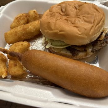 Cook Out - Tray with small burger, corn dog and cheese bites. Drink not pictured - Fast Food Near Me - Clemmons, North Carolina Cook Out - Tray with small burger, corn dog and cheese bites. Drink not pictured - Fast Food Near Me - Clemmons, North Carolina