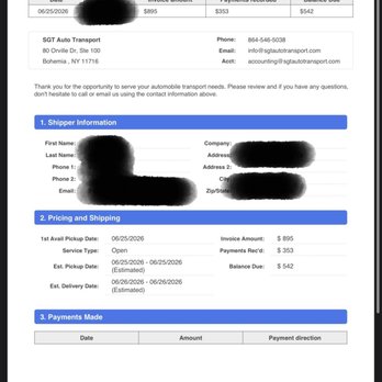 SGT Auto Transport - The bill I was sent. My car is still here in SF, $353 out of my bank account and I can't get a hold of a customer service rep to cancel. - Vehicle Shipping Near Me - Bohemia, New York