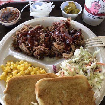 Hog Wild Pit Bar-B-Q - Two meat plate, beef brisket and pulled pork with cole slaw and corn. Jalapeños and onions from their mini bar and squealer sauce. - Barbeque Near Me - Wichita, Kansas Hog Wild Pit Bar-B-Q - Two meat plate, beef brisket and pulled pork with cole slaw and corn. Jalapeños and onions from their mini bar and squealer sauce. - Barbeque Near Me - Wichita, Kansas