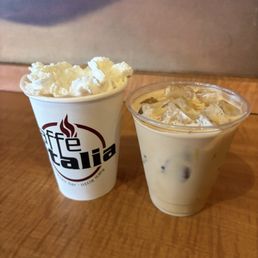 Hot Chocolate and Single Caramel Iced Latte