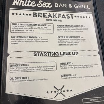 White Sox Grill - Menu - Menu from White Sox Bar & Grill in Chicago offering breakfast items like Grand Slam and Base Hit Sandwich, along with starters such as chicken wings and chili cheese fries. - Bars Near Me - Chicago, Illinois