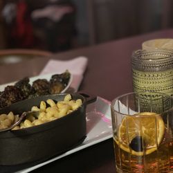 The Glen - The fancier old fashion which was perfection and Brussels sprouts slightly burnt and deliciously crisp