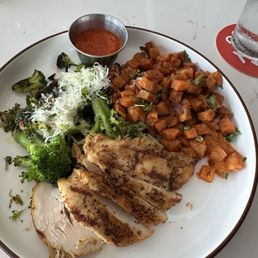 FARMHOUSE CHICKEN BREAST BYOB with roasted SWEET POTATO HASH and ROASTED BROCCOLI