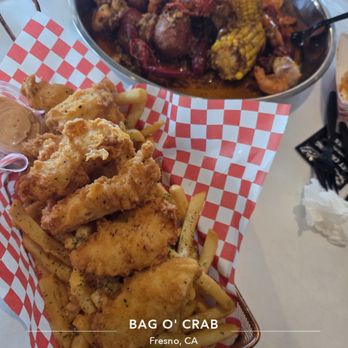 Bag O' Crab - Chicken basket with garlic fries, and Combo 1 - Seafood Near Me - Fresno, California