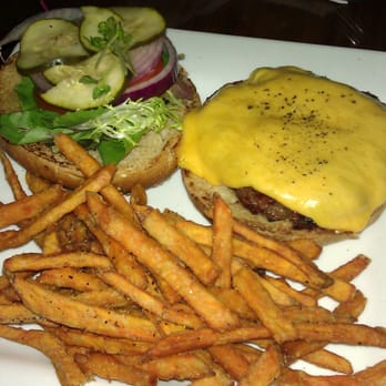 bellagreen - buffalo burger w/ cheddar cheese and sweet potato fries - American Near Me - Houston, Texas bellagreen - buffalo burger w/ cheddar cheese and sweet potato fries - American Near Me - Houston, Texas