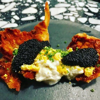 Boia De - Crispy Potato Skins, straciatella, caviar, hard egg nom nom - Italian Near Me - Miami, Florida