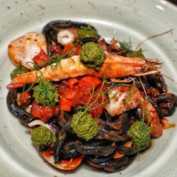 The Pig & Palm - Linguine nero with shellfish, chorizo and salsa verde