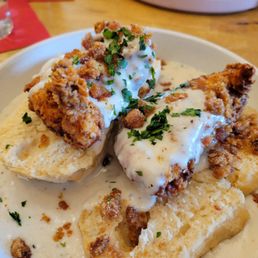 Biscuits and gravy "with candied bacon" (aka sugar crumbles)