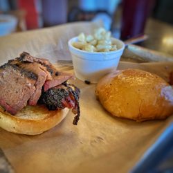 Barn-B-Que Smokehouse - The 6oz Brisket Sandwich with Mac and Cheese. Everything was perfect.