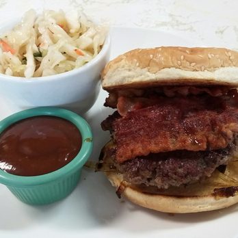 Roast 'N Toast - Beef patty, bacon, and caramalized onions burger with coleslaw and HP sauce on the side. - Breakfast & Brunch Near Me - Windsor, Ontario Roast 'N Toast - Beef patty, bacon, and caramalized onions burger with coleslaw and HP sauce on the side. - Breakfast & Brunch Near Me - Windsor, Ontario