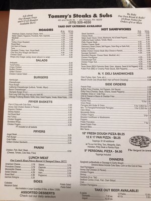Menu photo 8 Tommy's Subs Jim Thorpe, PA