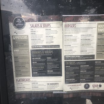 The Frog & Monkey Restaurant & Pub - Menu as posted in front of pub - Burgers Near Me - Mount Dora, Florida The Frog & Monkey Restaurant & Pub - Menu as posted in front of pub - Burgers Near Me - Mount Dora, Florida