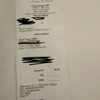 Wingstop - We asked for a receipt for our pick up and this is what we got, nothing itemized on there. (Everything colored out is my husbands info) - Chicken Wings Near Me - Laveen, Arizona Wingstop - We asked for a receipt for our pick up and this is what we got, nothing itemized on there. (Everything colored out is my husbands info) - Chicken Wings Near Me - Laveen, Arizona