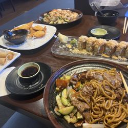 Yamato Japaness Steakhouse & Sushi - Soba noodles with steak, spring rolls, lobster rangoon, chicken & shrimp combo dinner and spicy girl sushi roll!