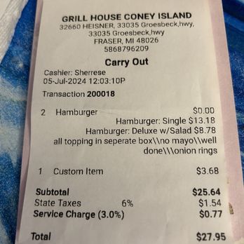 Grill House - Receipt showing what we paid. - American Near Me - Fraser, Michigan