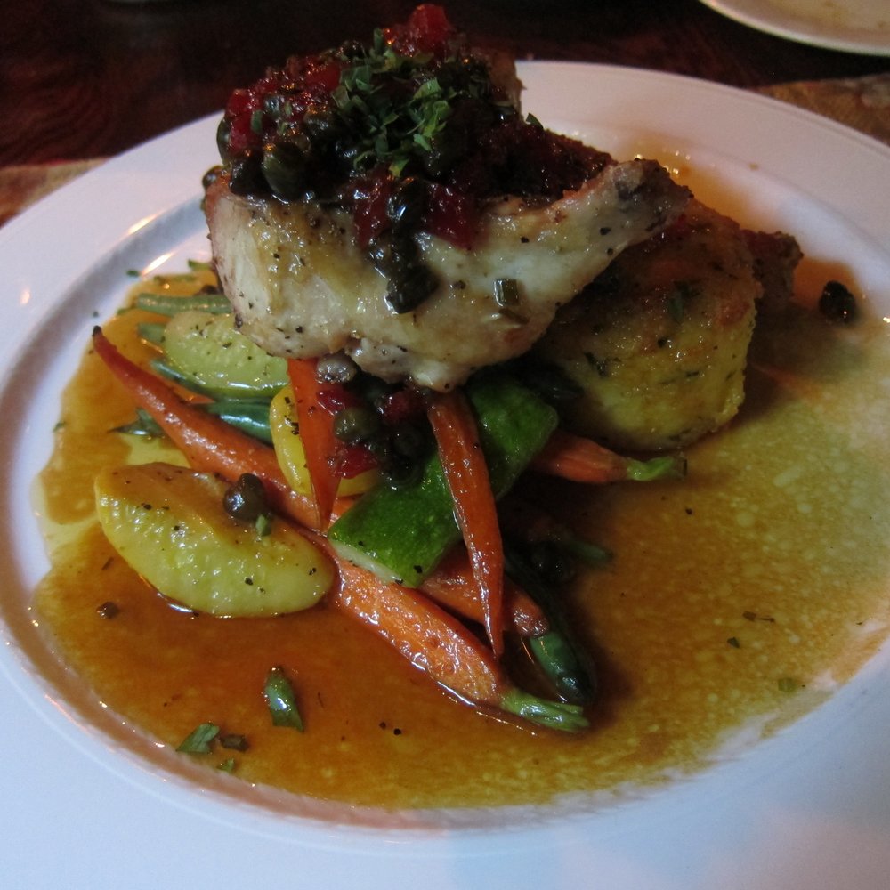 Deetjen's Restaurant - Grilled Organic Half Chicken, Roasted Vegetables, Polenta Cake - American Near Me - Big Sur, California Deetjen's Restaurant - Grilled Organic Half Chicken, Roasted Vegetables, Polenta Cake - American Near Me - Big Sur, California