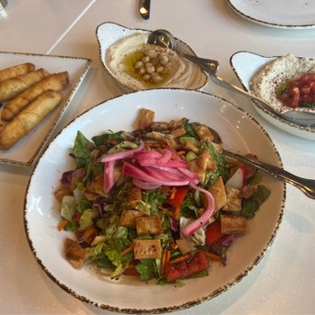 Aleppo's Kitchen - Fattoush Salad Cheese Rolls (4 pieces)Mutabal (BABA GANOUSH) Dip Musabaha (HUMMUS) Dip - Mediterranean Near Me - Anaheim, California