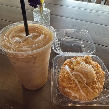 Fluff Bake Shop - OG Iced Latte (White chocolate and caramel) and Sugar Pie donut. - Bakeries Near Me - Noblesville, Indiana