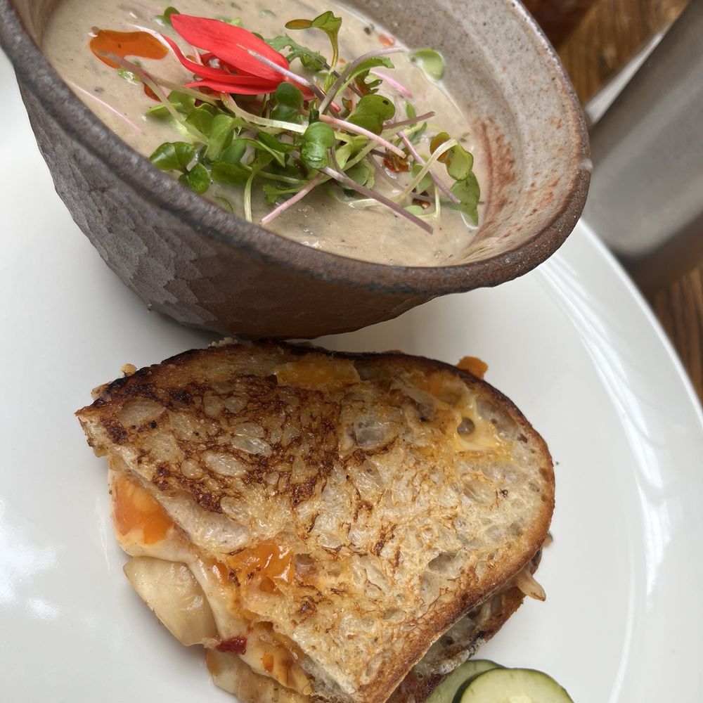 Wise Acre Eatery - Kimchi Grilled Cheese (half) + Creamy Mushroom Soup of the Day - Breakfast & Brunch Near Me - Minneapolis, Minnesota Wise Acre Eatery - Kimchi Grilled Cheese (half) + Creamy Mushroom Soup of the Day - Breakfast & Brunch Near Me - Minneapolis, Minnesota