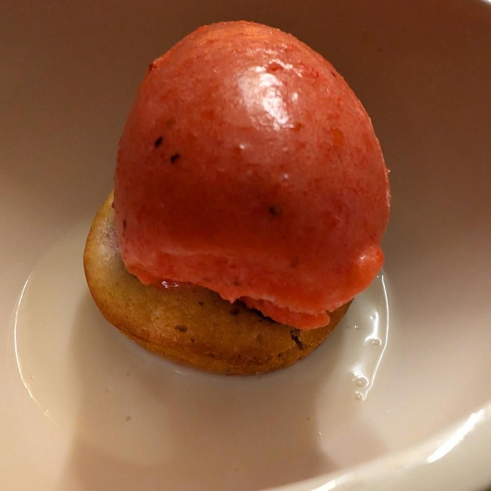 Dessert: Raspberry financier, white chocolate and Greek yogurt soup, and homemade strawberry sorbet. Divine!